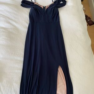 Formal wedding guest floor length high slit dress